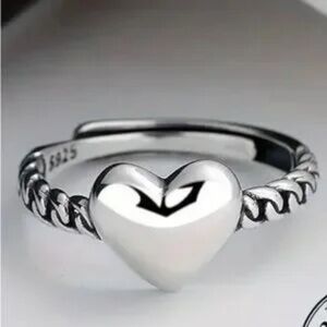 Sterling Silver Heart Ring Womens Cute Design Adjustable Swirl Band New